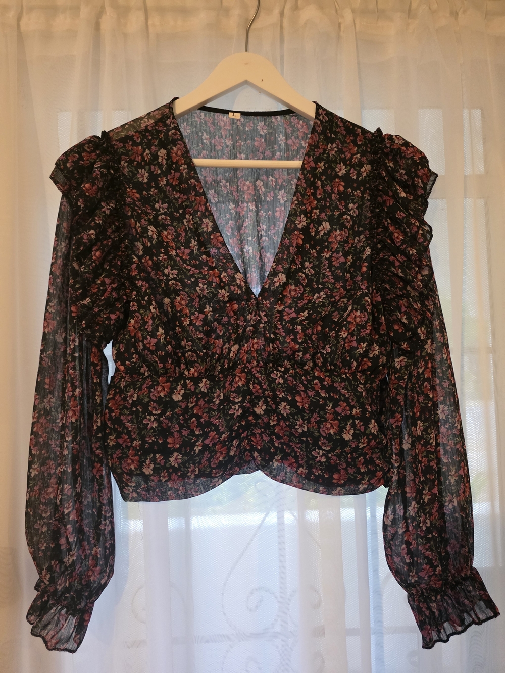 Floral V-Neck Long Sleeve Blouse - Black with Pink Floral